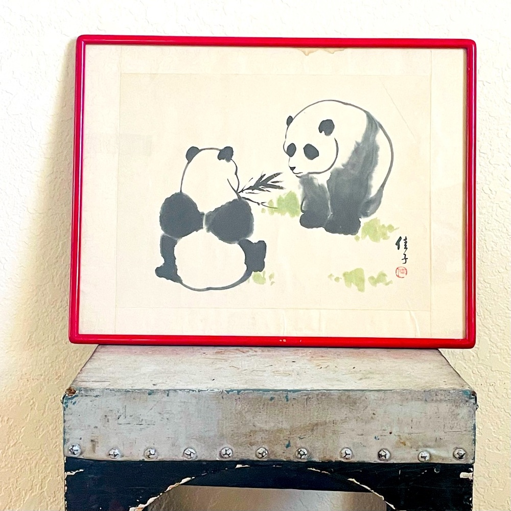 Vintage Chinese Panda Bear Watercolor-Framed & Matted
